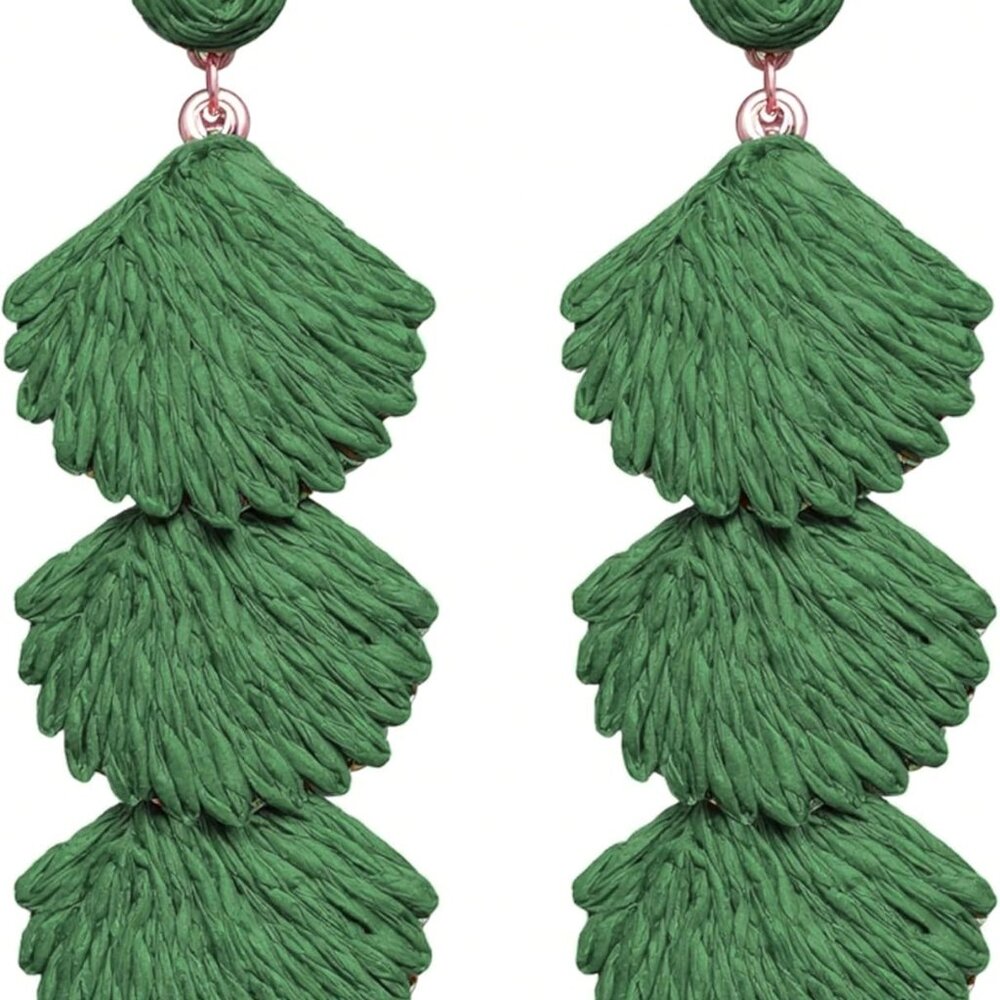 Green Raffia Shell Dangle Earrings - Boho Summer … - image 1